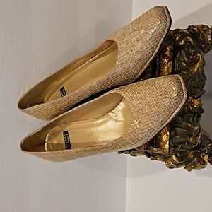 Vintage Stuart Weitzman Square Toe Leather Textured Hemp Beige Tan Sz 7.5AA